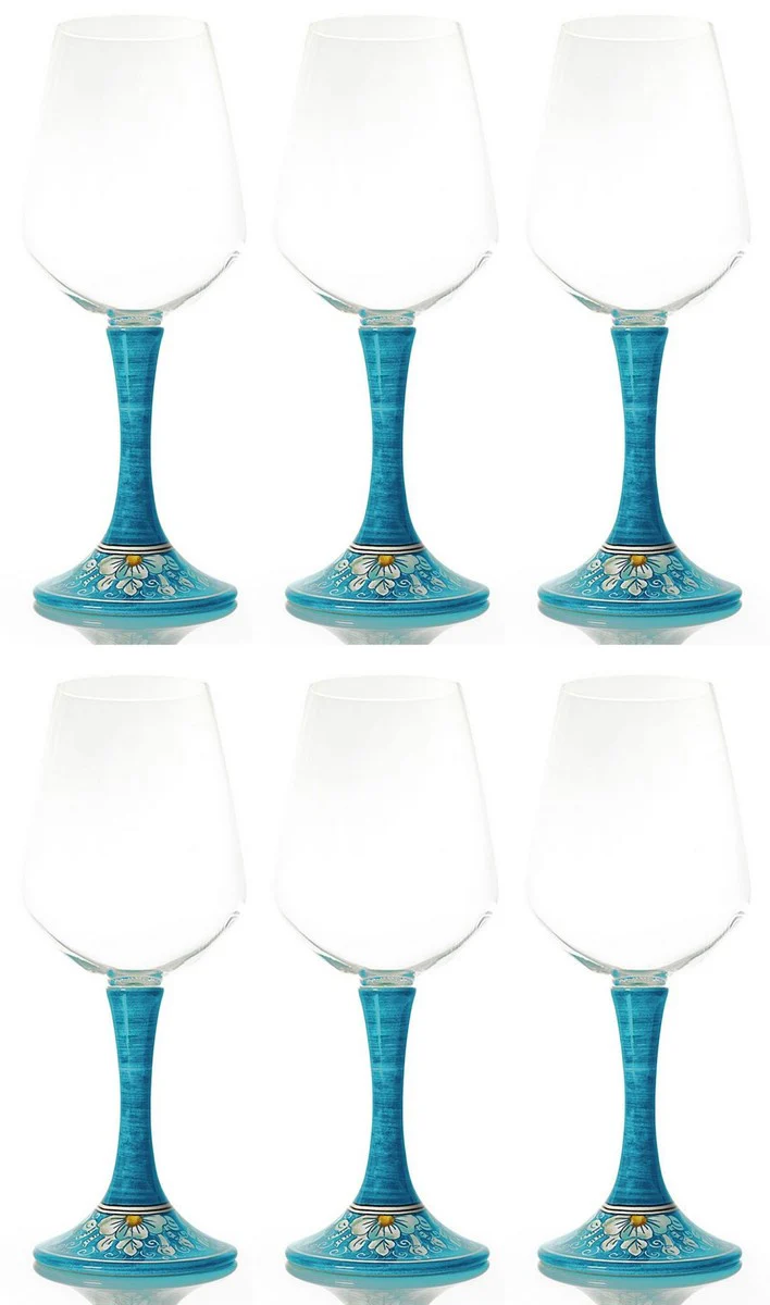 Casa Padrino conjunto de 6 copas de vino de lujo azul claro / multicolor A. 23,5 cm - Copas de vino hechas y pintadas a mano - Accesorios hoteles y restaurantes - Calidad de lujo - Hecho en Italia