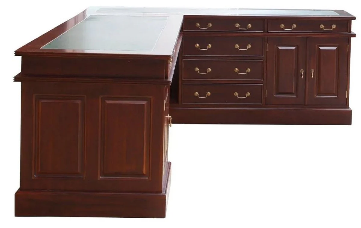Casa Padrino escritorio esquinero de caoba de lujo marr¨®n oscuro / verde 225 x 200 x A. 80 cm - Mesa de oficina de madera maciza - Muebles de oficina de caoba - Muebles de oficina de lujo
