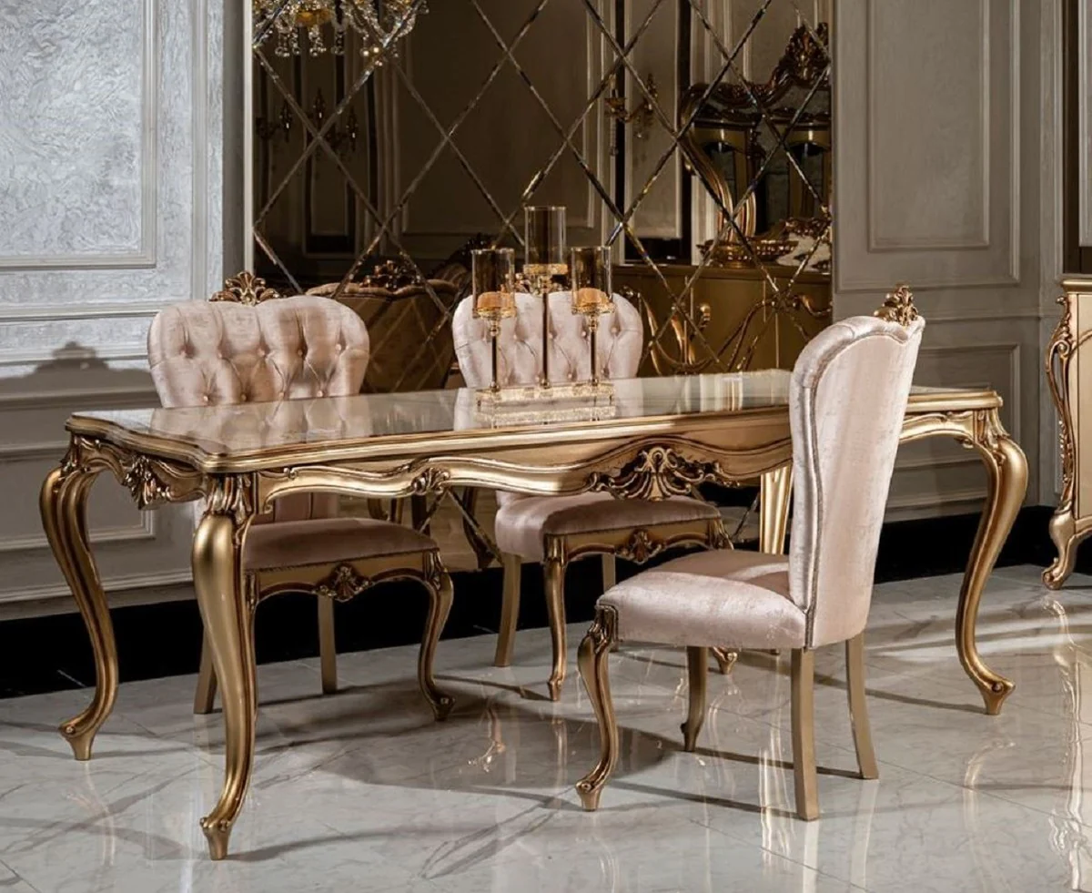 Casa Padrino conjunto de comedor barroco de lujo blanco / rosa / oro - 1 Mesa de Comedor y 6 Sillas de Comedor - Muebles de comedor de estilo barroco nobles