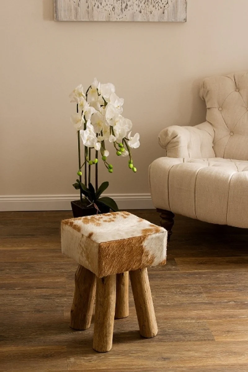 Casa Padrino taburete de piel de estilo campestre marrón / blanco / natural 30 x 30 x H. 45 cm - Taburete Sentado con Patas de Madera Maciza