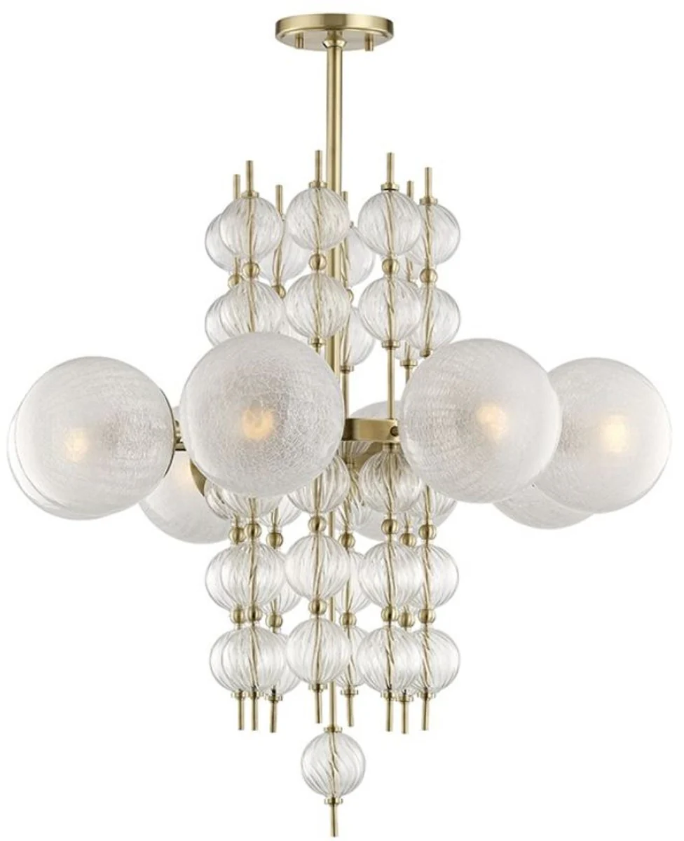 Casa Padrino araña de luces de lujo latón antiguo Ø 85 x A. 82,5 cm - Araña de Luces de Metal Moderna con Bolas de Cristal Corrugado en Espiral y Pantallas de Cristal Esféricas