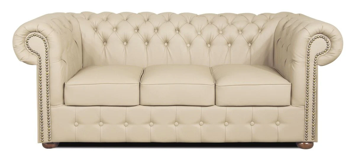 Casa Padrino Chesterfield sof¨¢ 3 plazas de cuero genuino color crema 200 x 90 x H. 78 cm - Sof¨¢ Chesterfield de Lujo