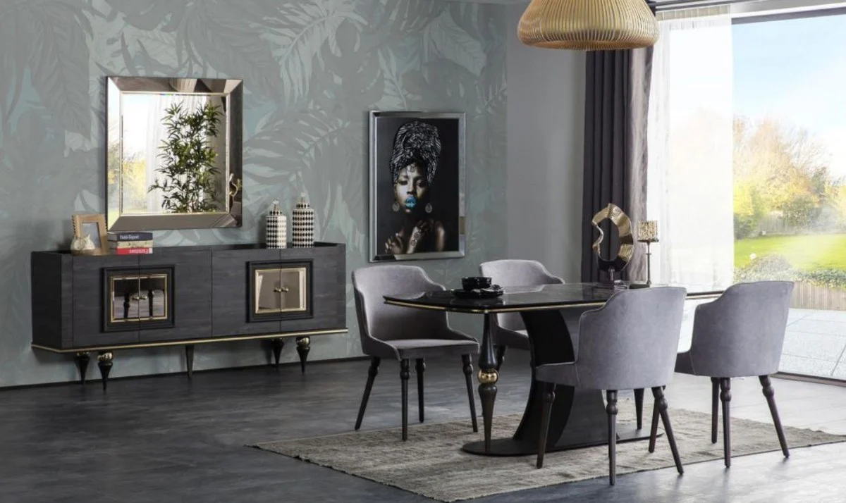 Casa Padrino conjunto de comedor Art Deco de lujo gris / negro / lat¨®n - 1 Mesa de Comedor con Sobre de Vidrio en Aspecto M¨¢rmol y 4 Sillas de Comedor - Muebles de Comedor Art Deco