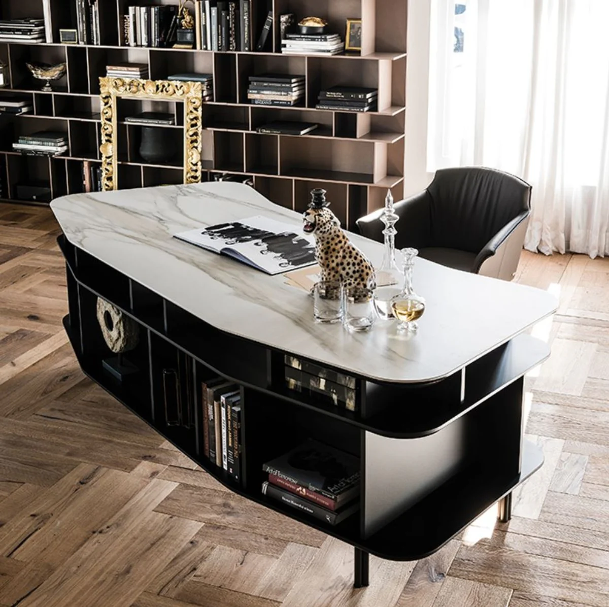Casa Padrino escritorio de lujo con placa de cer¨¢mica negro / blanco-oro 235 x 99 x A. 75 cm - Mesa de Oficina - Mesa de Computadora - Muebles de Oficina de Lujo