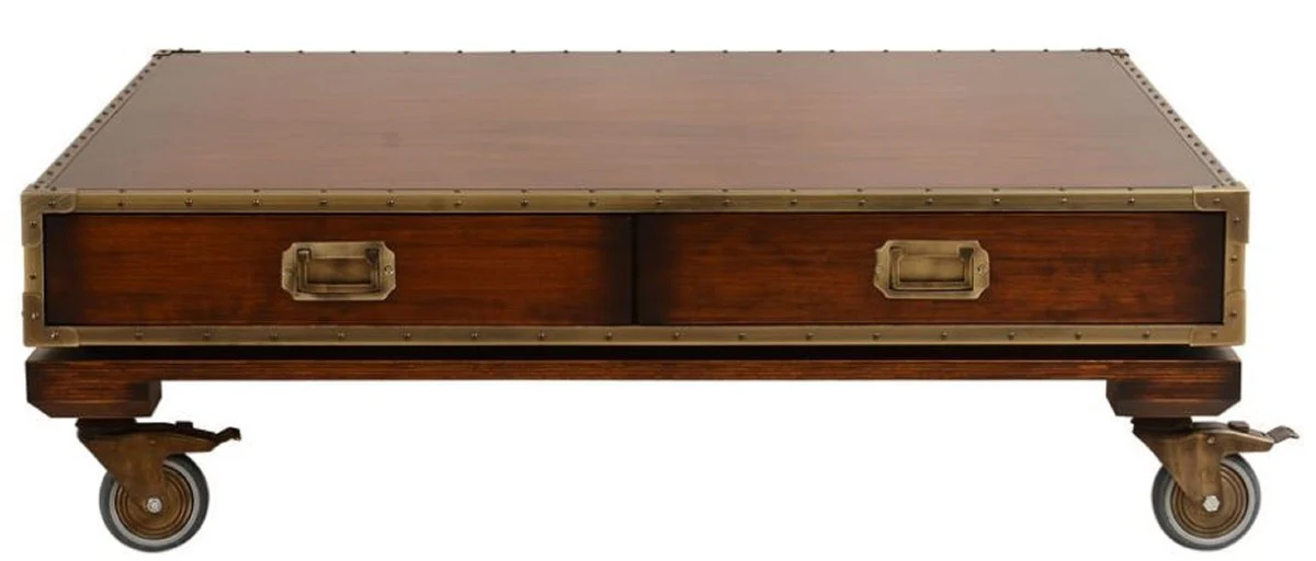 Casa Padrino mesa de centro de estilo vintage de lujo marr¨®n / lat¨®n 109 x 109 x A. 35 cm - Mesa de sal¨®n cuadrada de madera maciza con ruedas y cajones - Muebles estilo vintage - Muebles de lujo