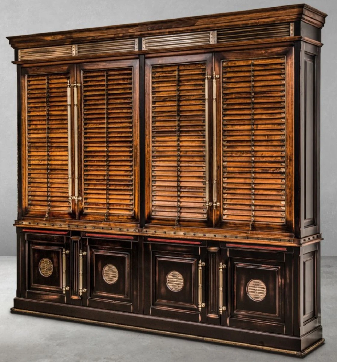 Casa Padrino armario de libros de estilo vintage de lujo marr¨®n / natural / negro 282 x 47 x A. 247 cm - Armario estanter¨ªa - Armario de sal¨®n - Armario de oficina - Muebles madera maciza de lujo