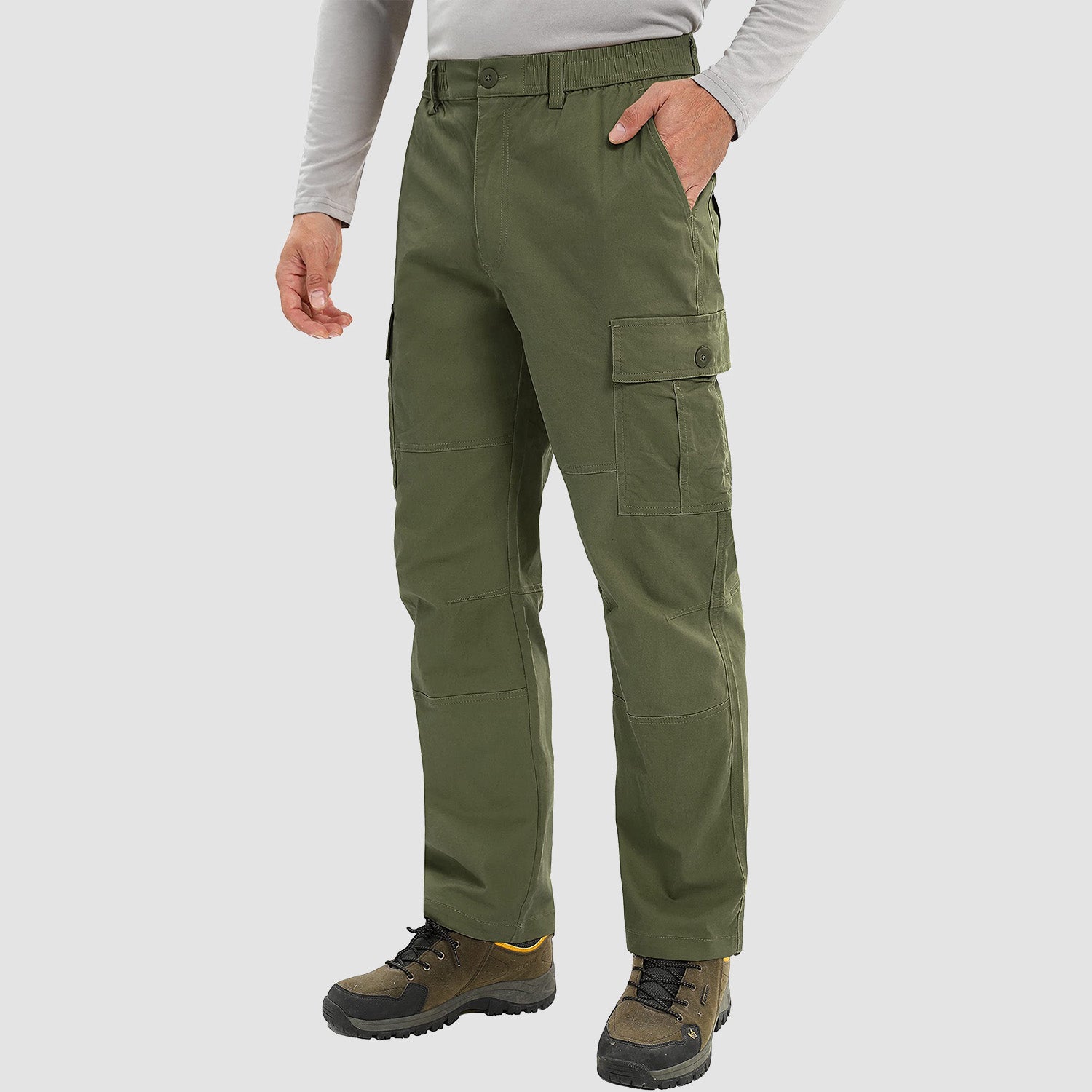 Men's Outdoor Cargo Pants Straight Fit with 6 Pockets Elastic Waist Fishing Travel Work Pants