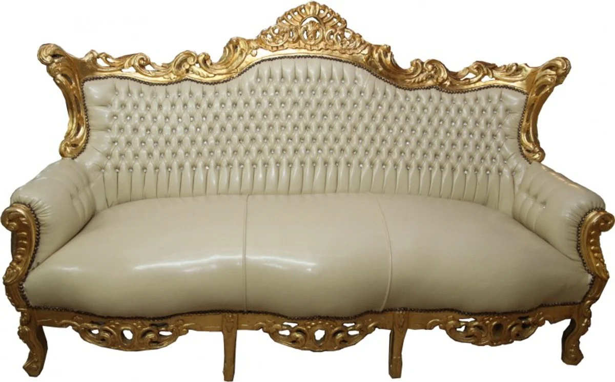 Casa Padrino Baroque 3 seater cream leather look master / gold bling bling rhinestones - Antique Style Furniture