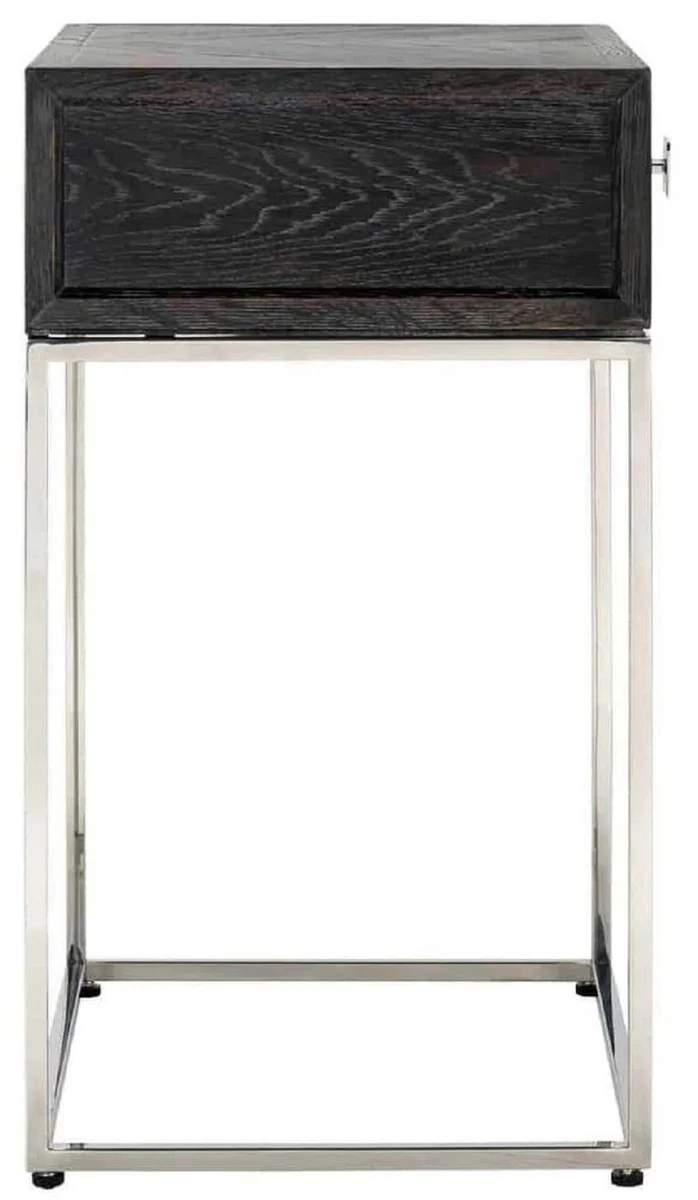 Casa Padrino mesa auxiliar de lujo negro / plata 50 x 40 x A. 71 cm - Mesita de noche de madera maciza con cajón y estructura de acero inoxidable - Muebles de dormitorio de lujo