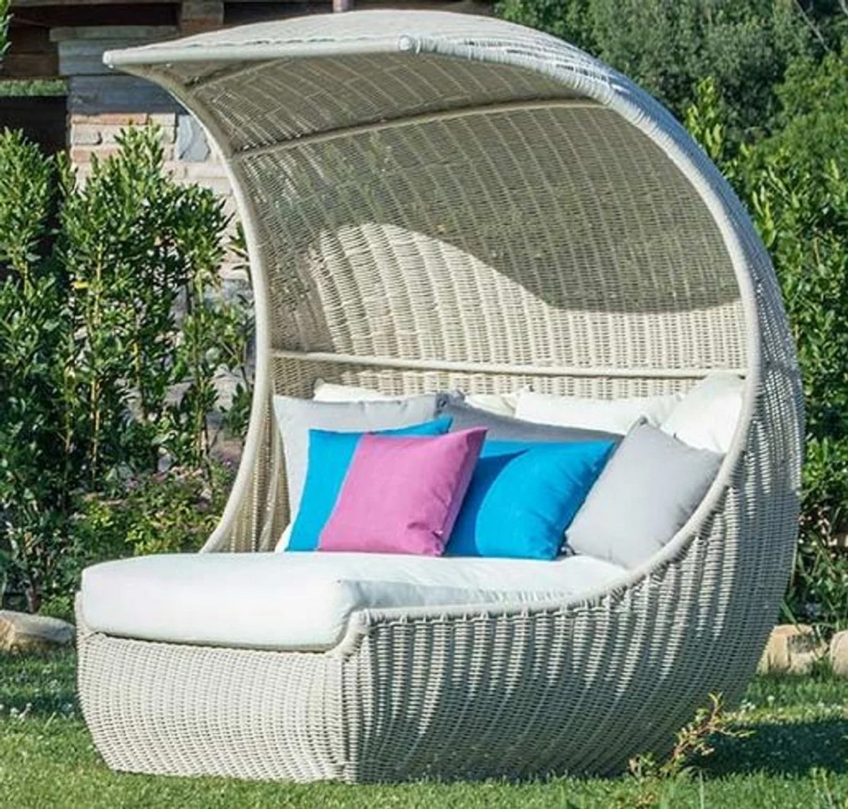 Casa Padrino isla tumbona de lujo con toldo blanco 156 x 146 x A. 174 cm - Isla de sol tejida a mano resistente a la intemperie - Muebles de jardín modernos - Muebles de hotel