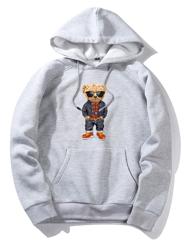 Denim Bear Print Hoodie