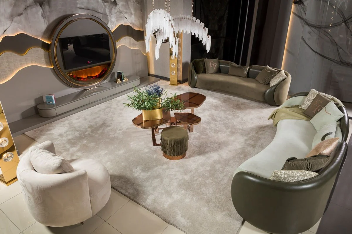 Casa Padrino conjunto de armario de TV de lujo gris / oro - Aparador de sal¨®n con chimenea LED - Muebles de sal¨®n - Muebles de hotel - Muebles de lujo