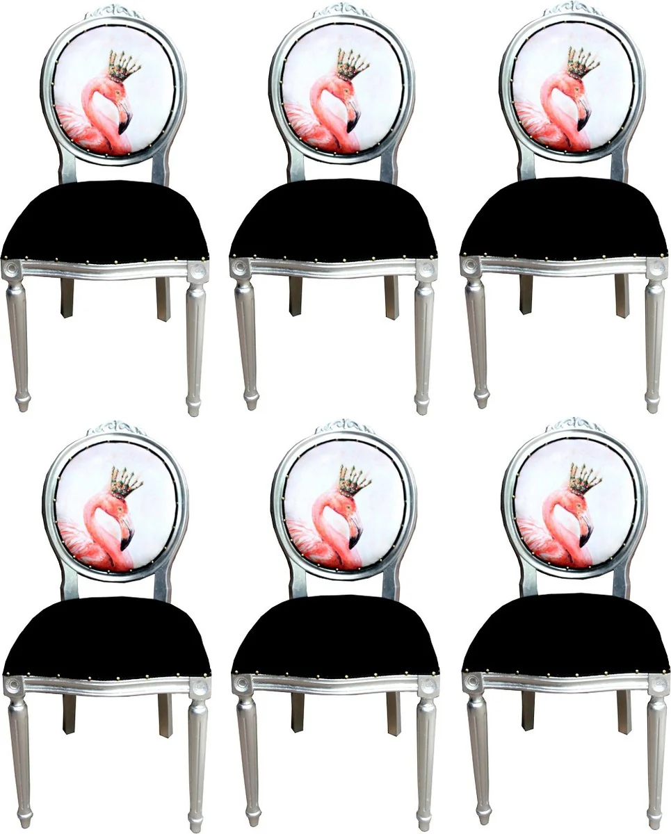 Casa Padrino Conjunto de Sillas de Comedor Barroco de Lujo Flamenco con Corona Negro / Multicolor / Plata 48 x 50 x H. 98 cm - 6 Sillas de Comedor Hechas a Mano con Diamantes de Imitaci¨®n - Muebles de Comedor Barrocos