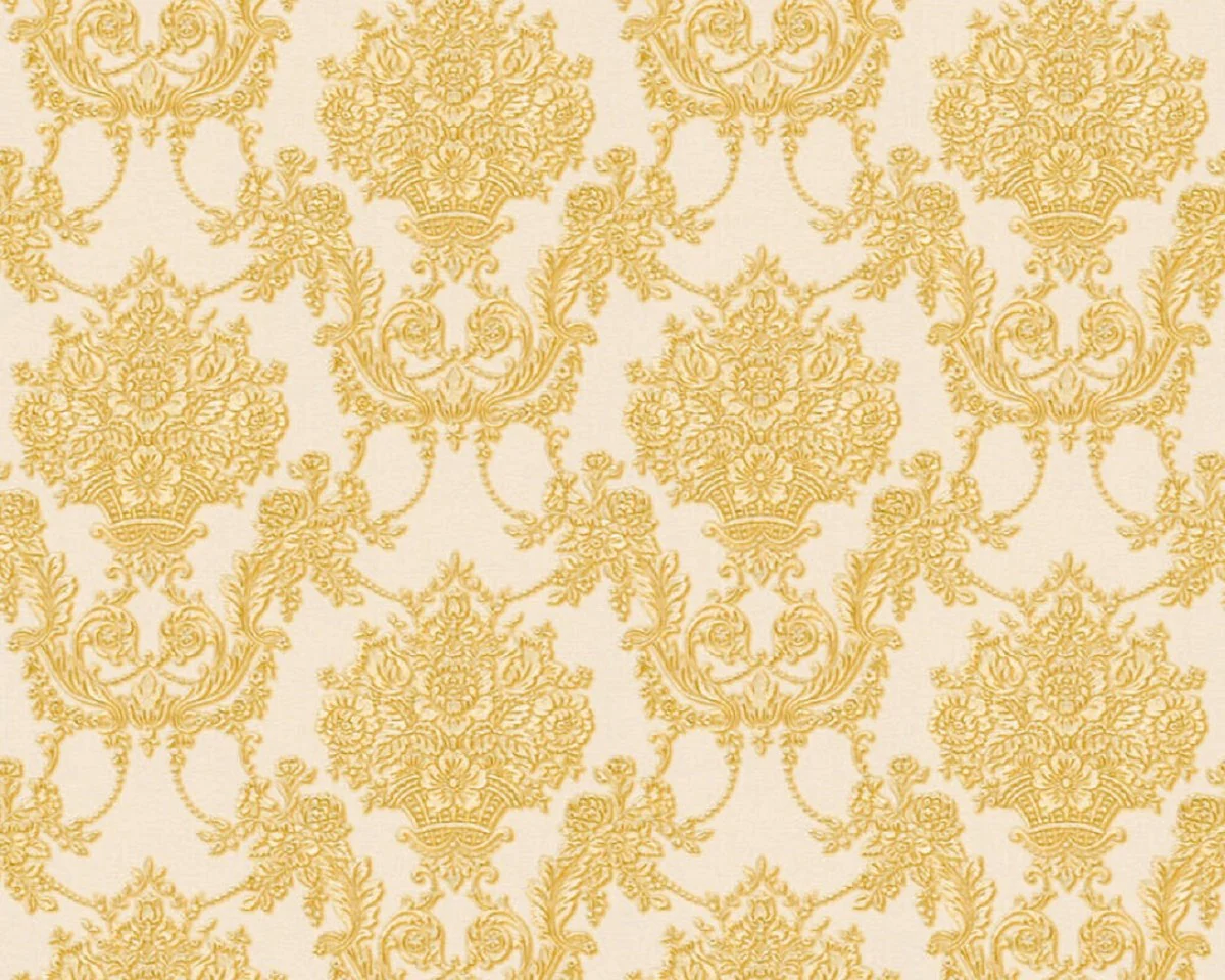 Casa Padrino papel pintado barroco no tejido crema / amarillo / oro - Papel pintado de estilo barroco con patrón elegante - Accesorios de decoración barroco