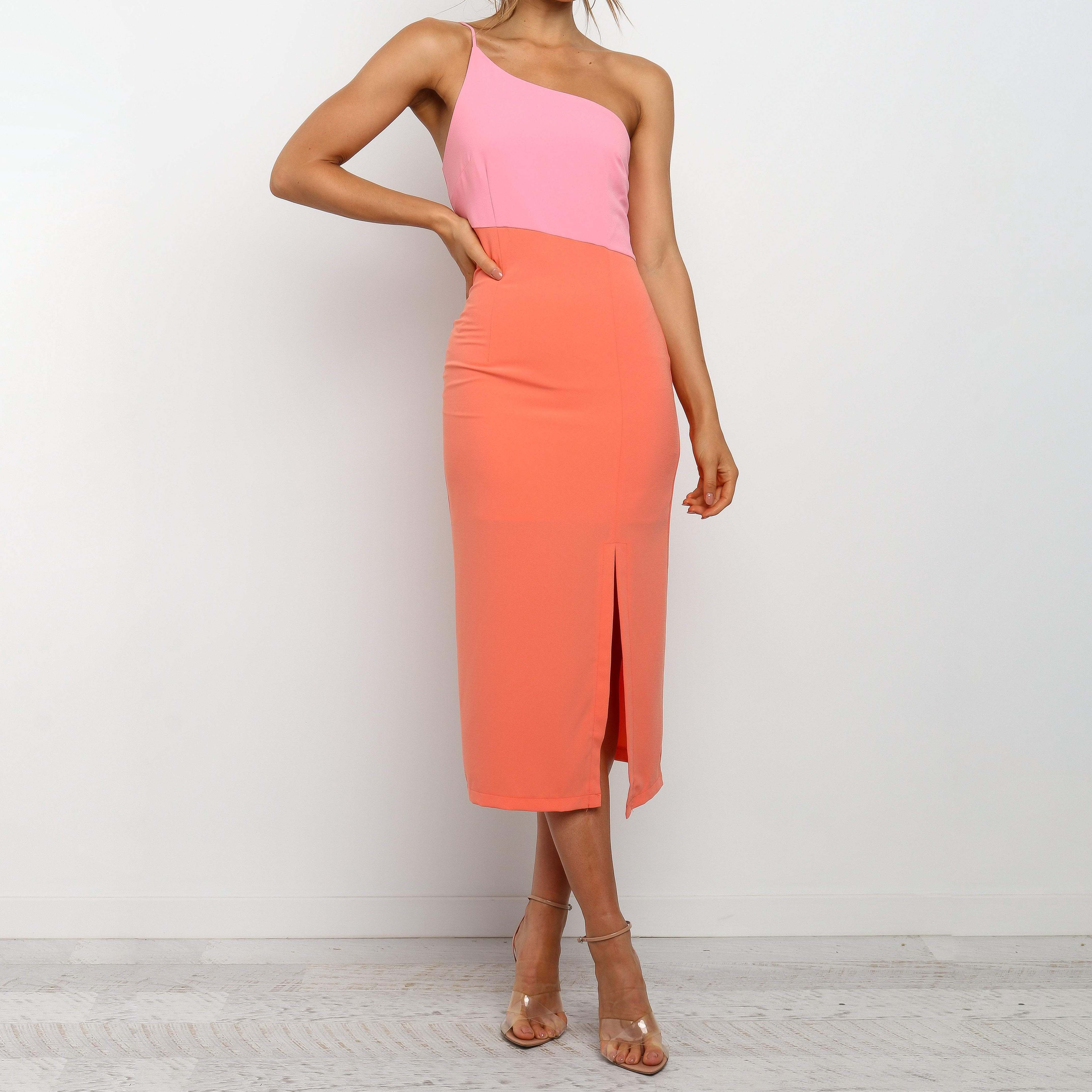 Elegant Stitching Contrast One-shoulder Strap Dress