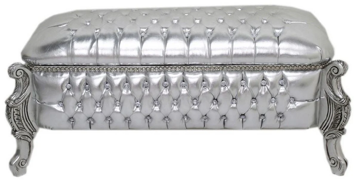 Casa Padrino banco barroco / pecho aspecto cuero plata / plata - Banco tapizado de madera maciza con pedrería - Muebles de estilo barroco