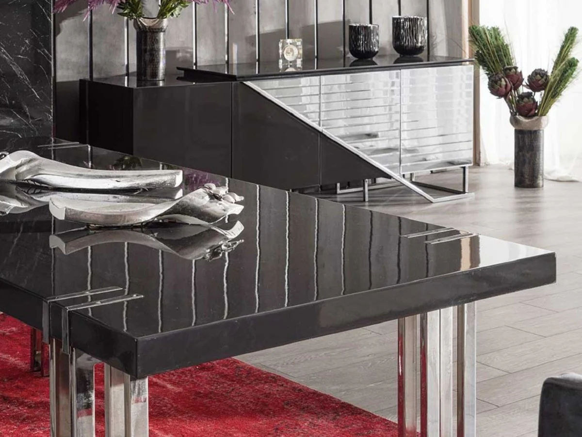Casa Padrino mesa de comedor de lujo negro / plata 220 x 100 x A. 77 cm - Mesa de cocina rectangular con tapa de madera maciza y patas de metal - Muebles de comedor - Muebles de lujo