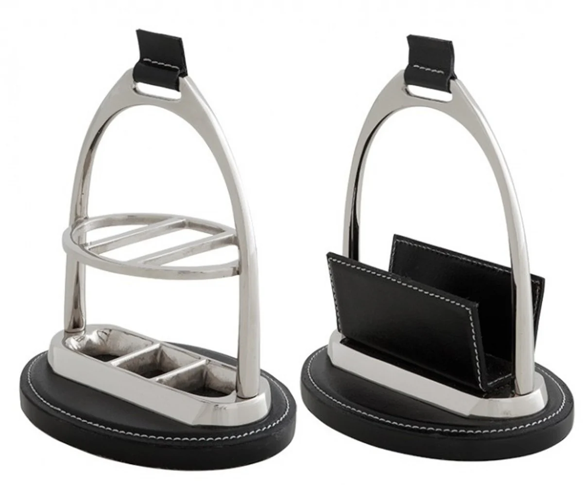 Casa Padrino Luxury Desk Set: Letter Holder and Pen stand Leather Black Pen stand - Card Holder