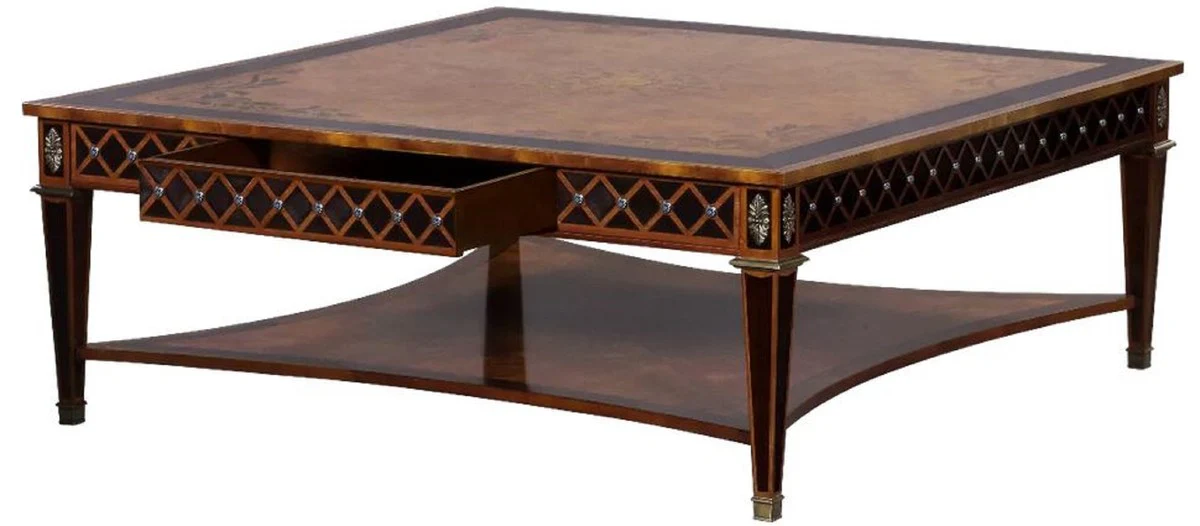 Casa Padrino mesa de centro Art Deco de lujo natural / marqueter¨ªa marr¨®n / plata / lat¨®n antiguo 130 x 130 x A. 50 cm - Mesa de sal¨®n cuadrada - Muebles de sal¨®n Art Deco de lujo