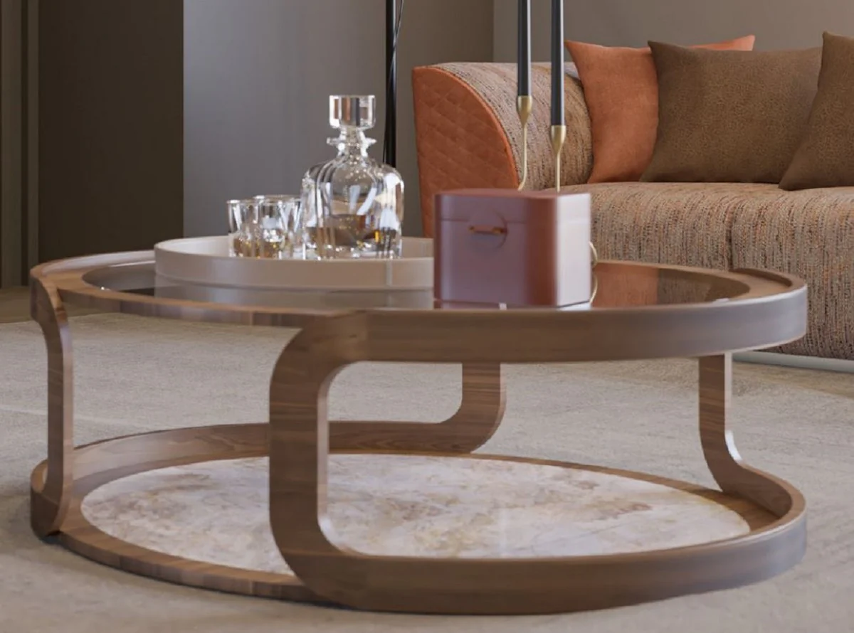 Casa Padrino mesa de centro de lujo marr¨®n / beige ? 120 x A. 40 cm - Mesa de sal¨®n redonda de madera maciza con tapa de vidrio y tapa de m¨¢rmol - Muebles de sal¨®n - Muebles de lujo