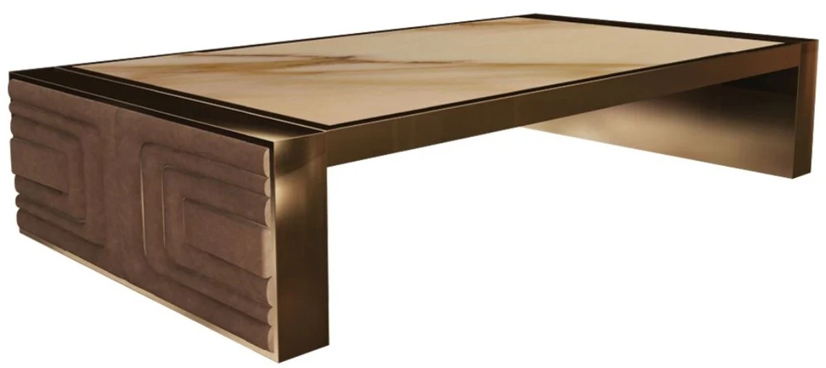 Casa Padrino mesa de centro de lujo blanco / oro / taupe 160 x 90 x A. 36 cm - Mesa de sal¨®n moderna con tapa de m¨¢rmol Calacatta - Muebles de Hotel - Calidad de Lujo - Hecho en Italia