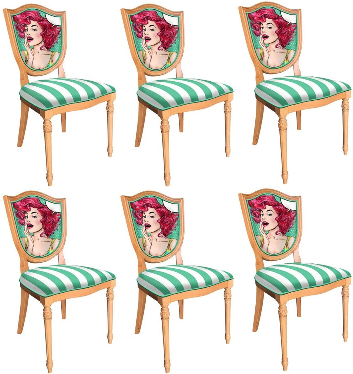 Casa Padrino conjunto de sillas de comedor Art D¨¦co verde / blanco / multicolor / naturale - 6 sillas de cocina Art D¨¦co hechas a mano con dise?o y rayas - Muebles de comedor Art D¨¦co