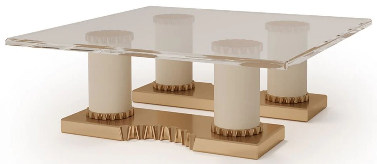 Casa Padrino mesa de centro de dise?o de lujo crema / bronce 130 x 130 x A. 45 cm - Mesa de sal¨®n hecha a mano con tapa de vidrio - Muebles de hotel de lujo - Hecho en Italia