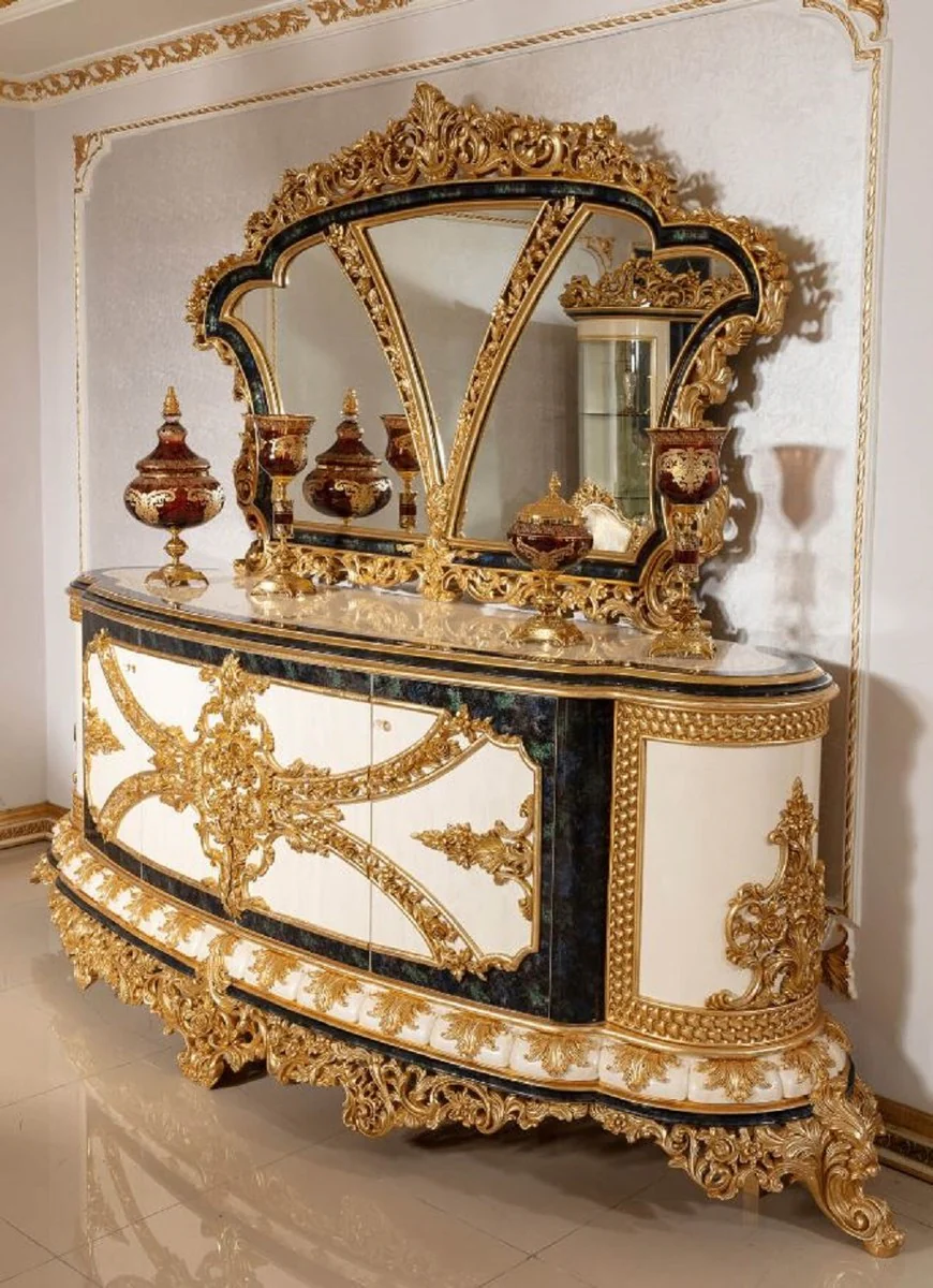 Casa Padrino conjunto de muebles barrocos de lujo blanco / azul / oro - 1 Aparador Barroco y 1 Espejo de Pared Barroco - Muebles Barroco - Noble y Magnífico