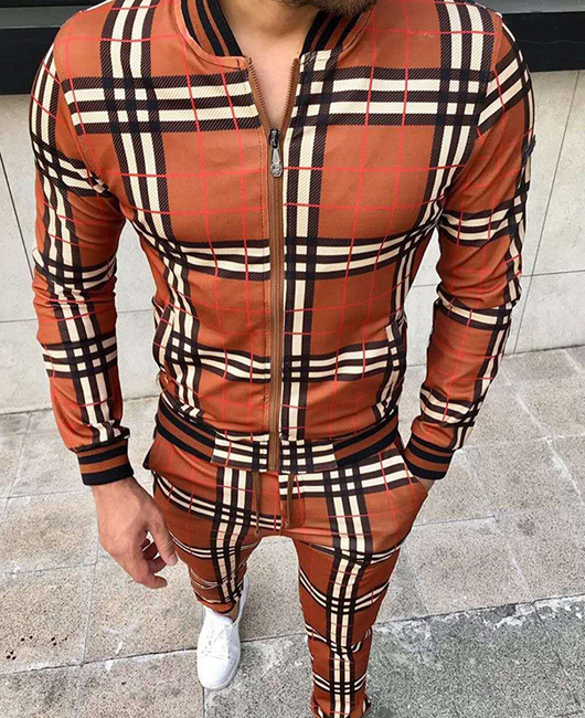 Casual Plaid Print Zipper Long Sleeve Coat & Pants 2Pcs Set