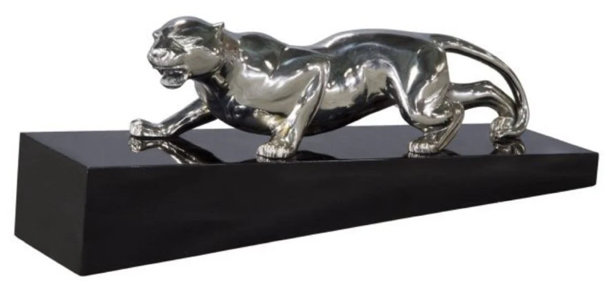 Casa Padrino figura de bronce de lujo puma plata / negro 60 x 17 x H. 20 cm - Elegante Deco Figura sobre Base de Madera