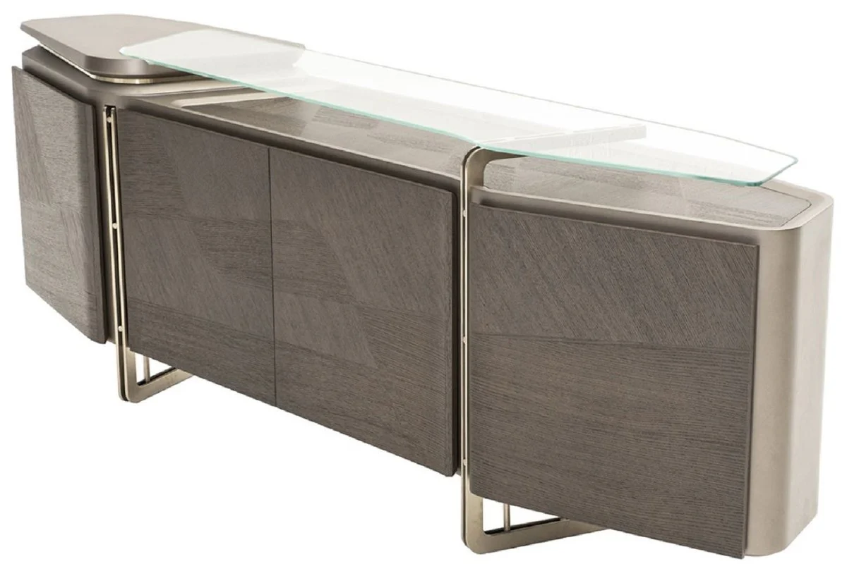 Casa Padrino aparador de lujo gris / plata 250 x 50 x A. 86 cm - Armario de madera maciza con 4 puertas y tapa de vidrio - Muebles de lujo - Muebles de hotel - Interiores de lujo