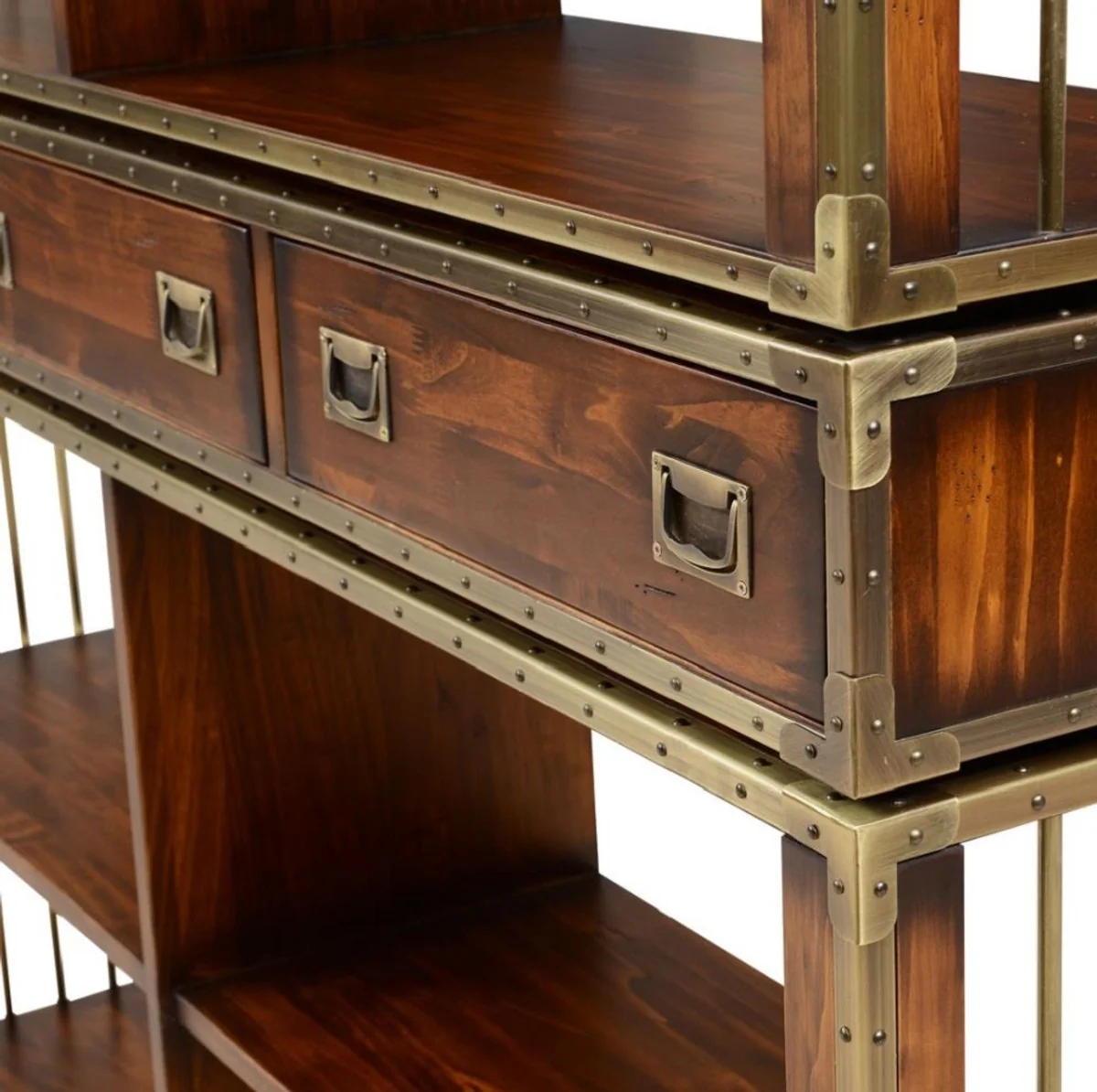 Casa Padrino armario estante de estilo vintage de lujo marr¨®n / lat¨®n 152 x 35 x A. 200,5 cm - Armario de libros de estilo vintage con 6 cajones - Muebles de sal¨®n de lujo en estilo vintage