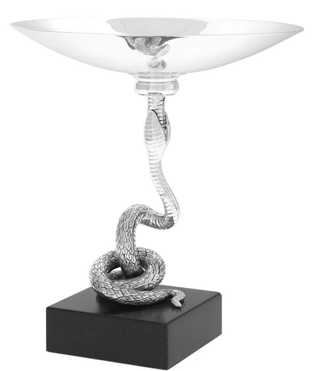 Casa Padrino taz¨®n de servir de lujo serpiente plata / negro ? 25,5 x H. 28,5 cm - Taz¨®n de Lat¨®n Chapado en Plata con Soporte y Base de Granito - Colecci¨®n de Lujo