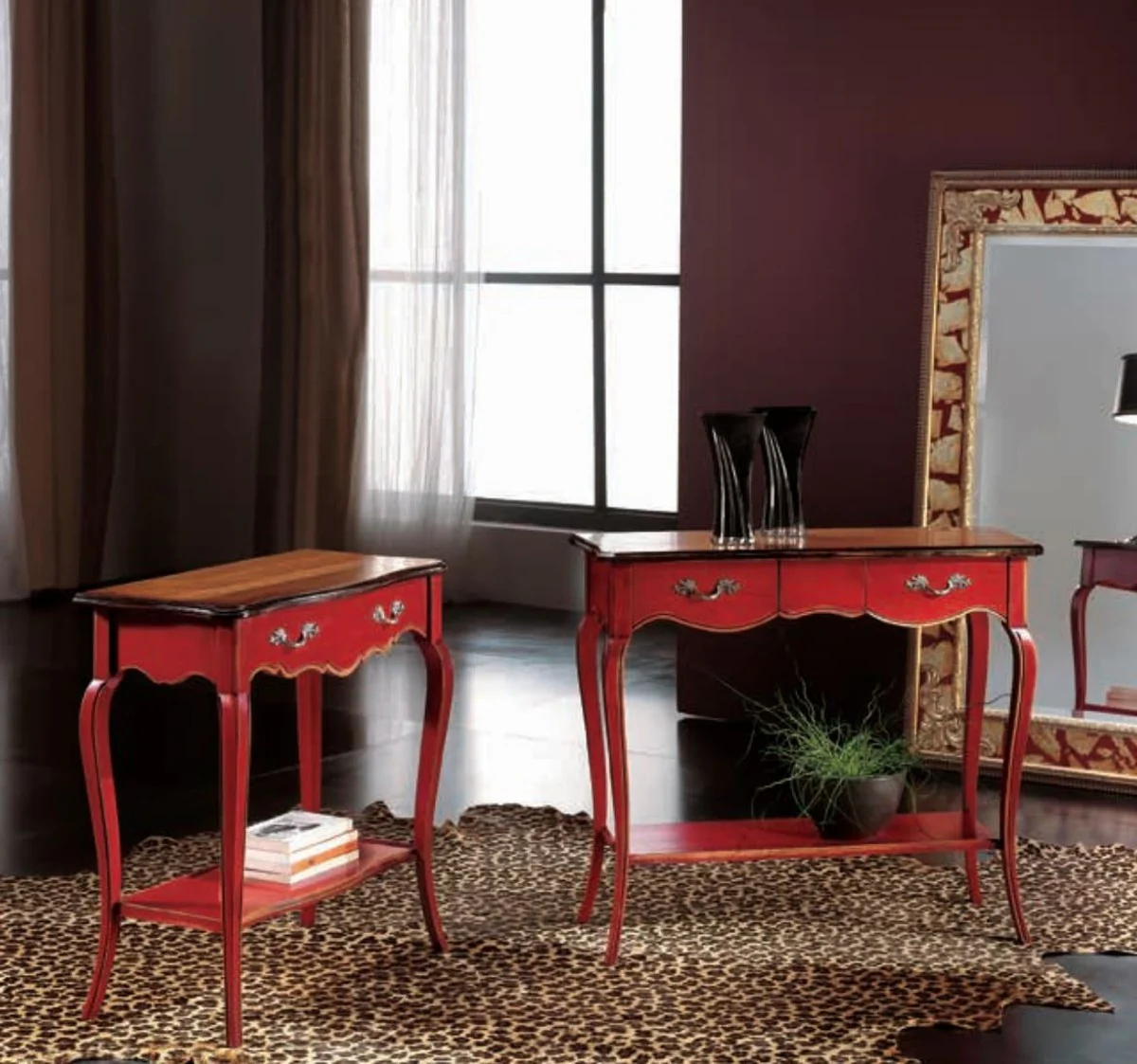 Casa Padrino consola barroca de lujo rojo antiguo / marr¨®n / plata - Mesa consola hecha a mano con caj¨®n - Muebles de sal¨®n de lujo en estilo barroco - Muebles barrocos - Hecho en Italia