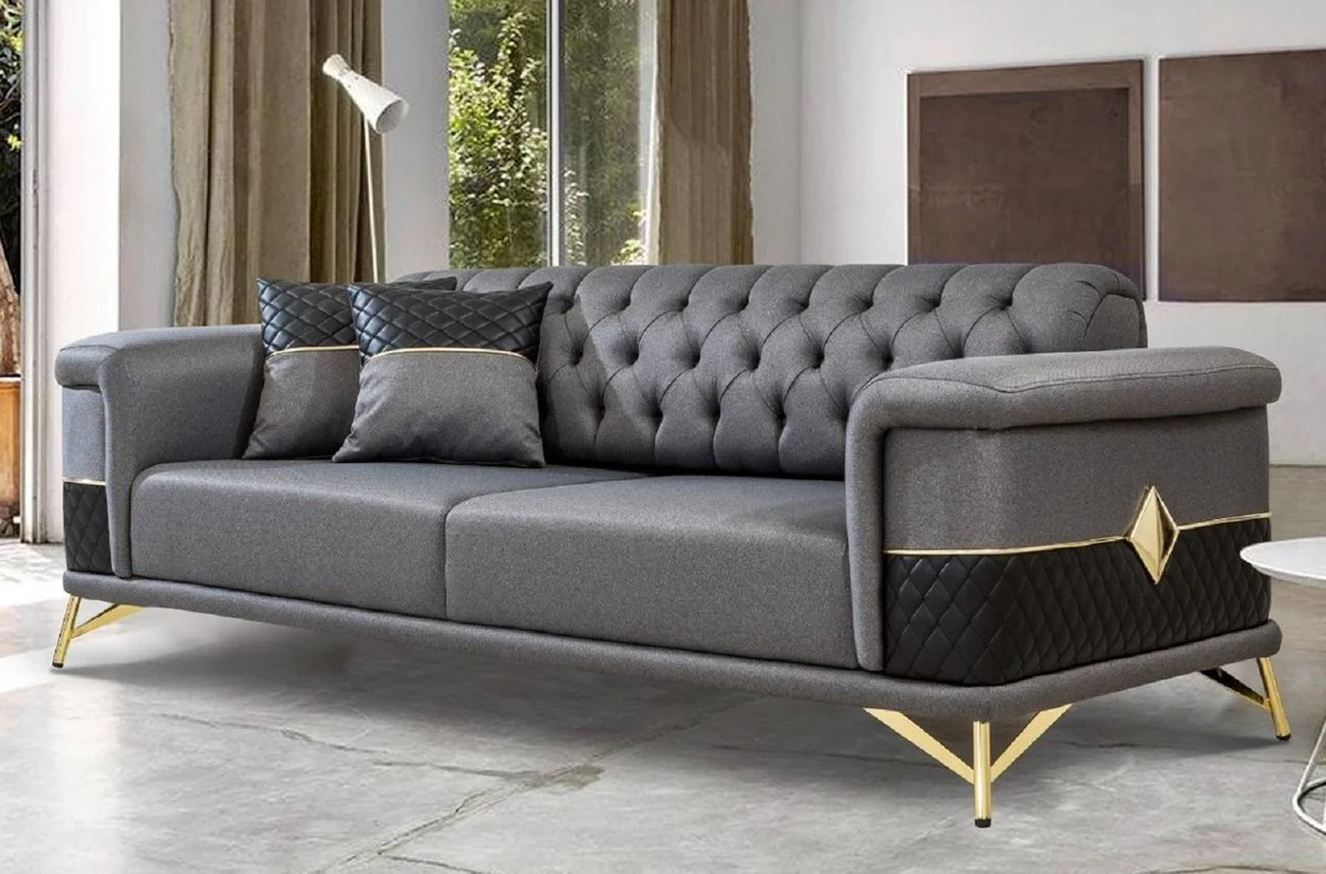 Casa Padrino sof¨¢ cama de lujo gris / negro / oro 220 x 90 x A. 80 cm - Sof¨¢ de sal¨®n moderno - Muebles de sal¨®n