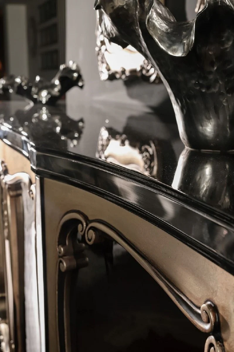 Casa Padrino conjunto de muebles barrocos de lujo negro / plata - 1 Aparador Barroco y 2 Espejos de Pared Barroco - Muebles Barrocos - Noble y Magnífico