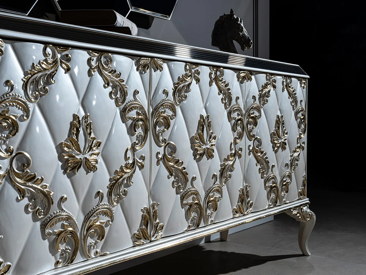 Casa Padrino conjunto de muebles barrocos de lujo aparador con espejo blanco / oro / negro - Noble mueble de madera maciza con elegante espejo de pared - Muebles barroco