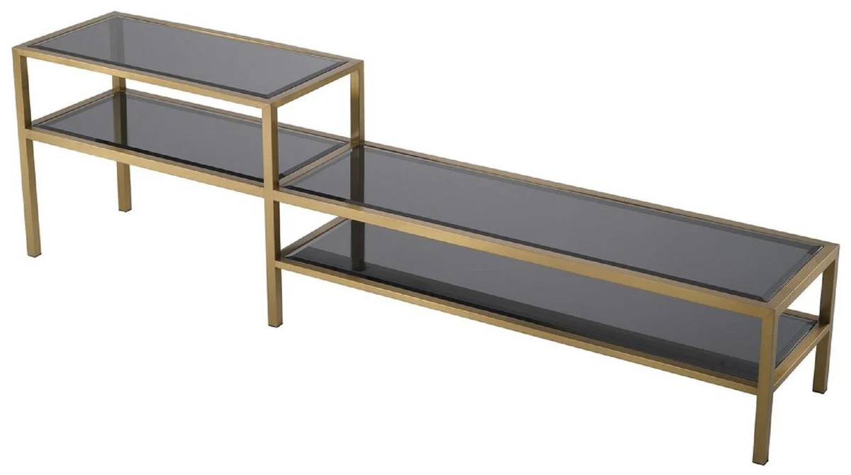 Casa Padrino armario de TV de lujo latón / gris 230 x 45,5 x A. 65 cm - Aparador de acero inoxidable con tapas de vidrio tintado - Muebles de salón de lujo