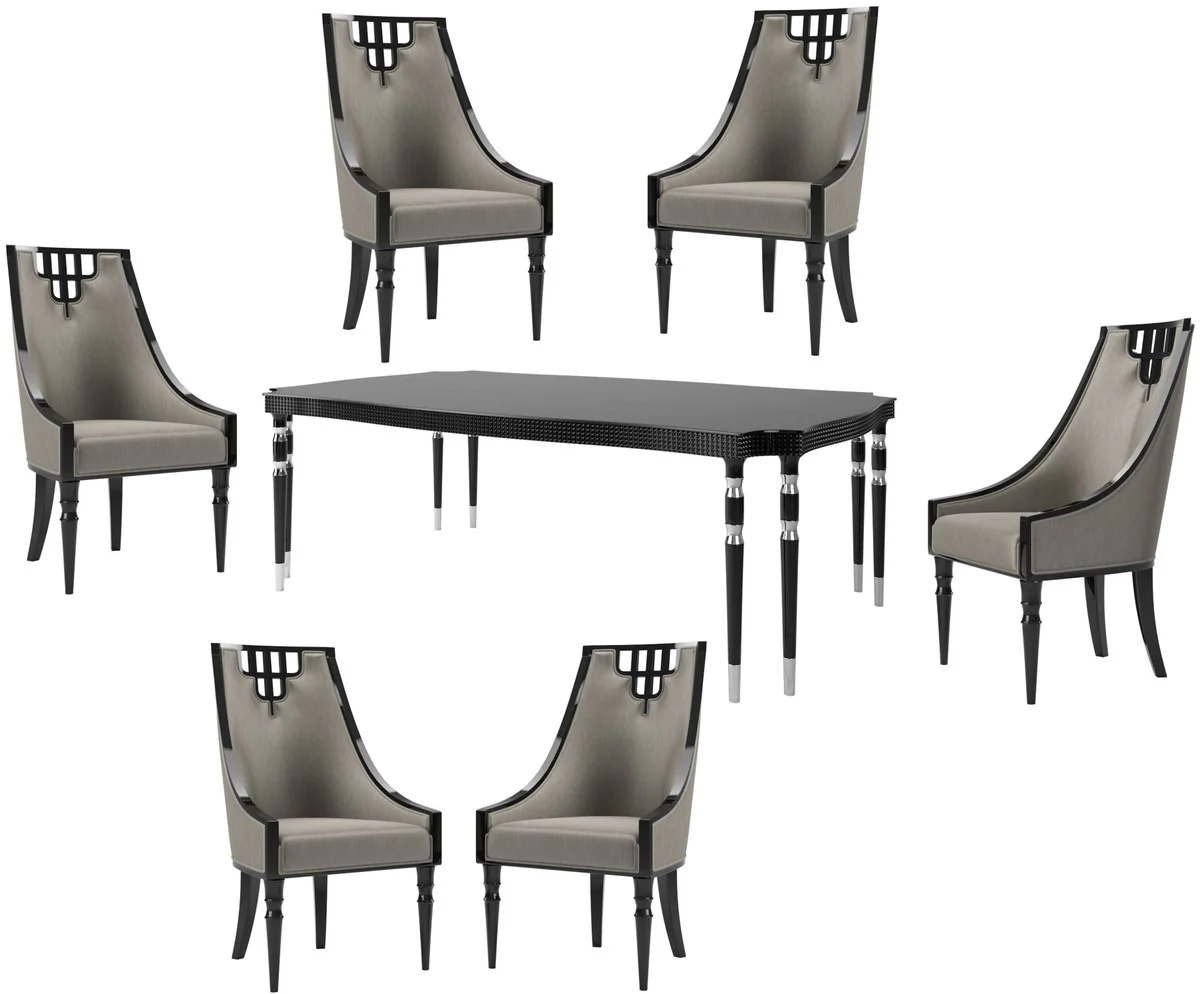 Casa Padrino conjunto de comedor Art Deco de lujo gris / negro / plata - 1 Mesa de Comedor y 6 Sillas de Comedor - Muebles de Comedor Art Deco - Calidad de Lujo