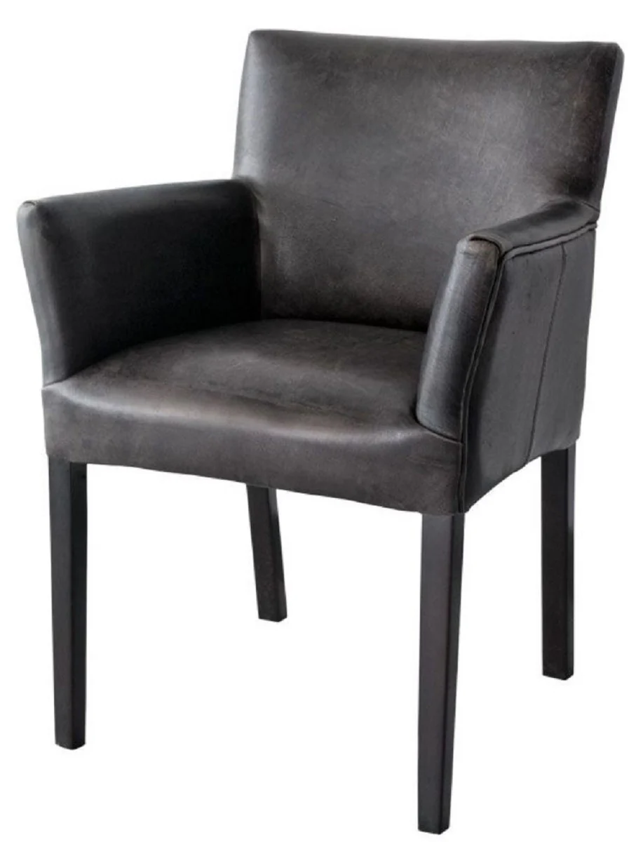 Casa Padrino silla de comedor de cuero de lujo negro vintage / negro 64 x 61 x A. 85 cm - Silla de cocina de cuero genuina con reposabrazos - Muebles de comedor