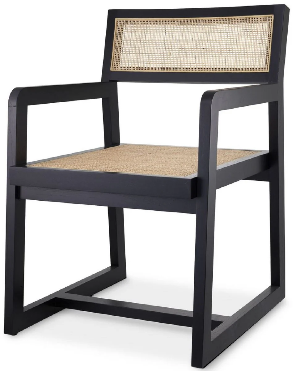 Casa Padrino silla de comedor de lujo negro / natural 58,5 x 65,5 x A. 89 cm - Silla de madera maciza con reposabrazos y rat¨¢n tejido a mano - Muebles de comedor de lujo