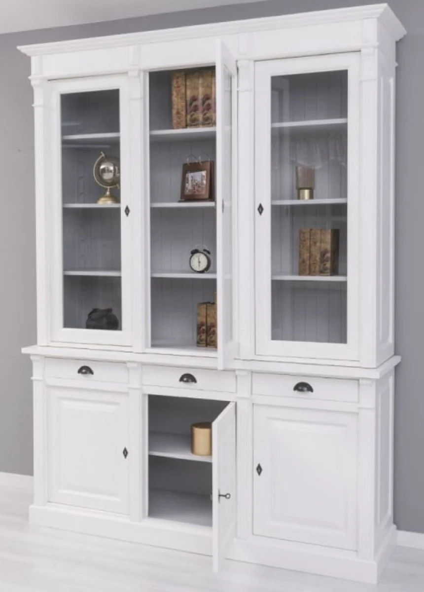 Casa Padrino armario de libros de estilo campestre blanco / gris 183 x 51 x A. 240 cm - Armario de Sala de Estar de Madera Maciza - Armario de Oficina - Muebles de Estilo Campestre