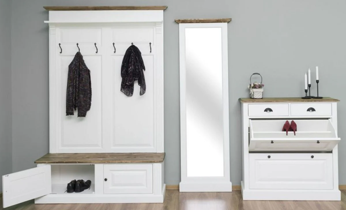 Casa Padrino conjunto de muebles de armario estilo campestre de madera maciza blanco / marrón - Guardarropa - Espejo - Armario de Zapatos - Muebles de Estilo Campestre