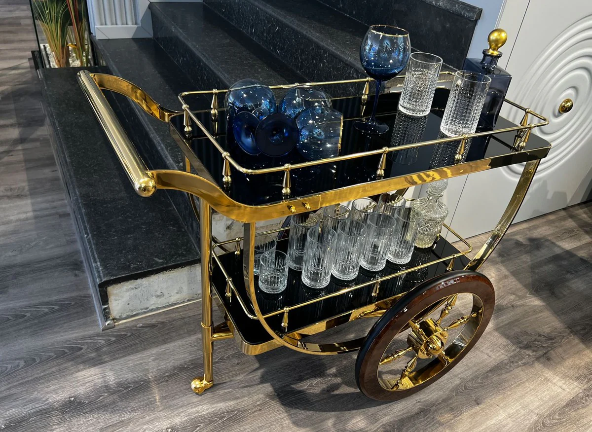 Casa Padrino carrito de servicio de lujo oro / marr¨®n / negro 98 x 48 x A. 85 cm - Carrito de acero inoxidable con placas de vidrio - Accesorios hoteles y restaurantes