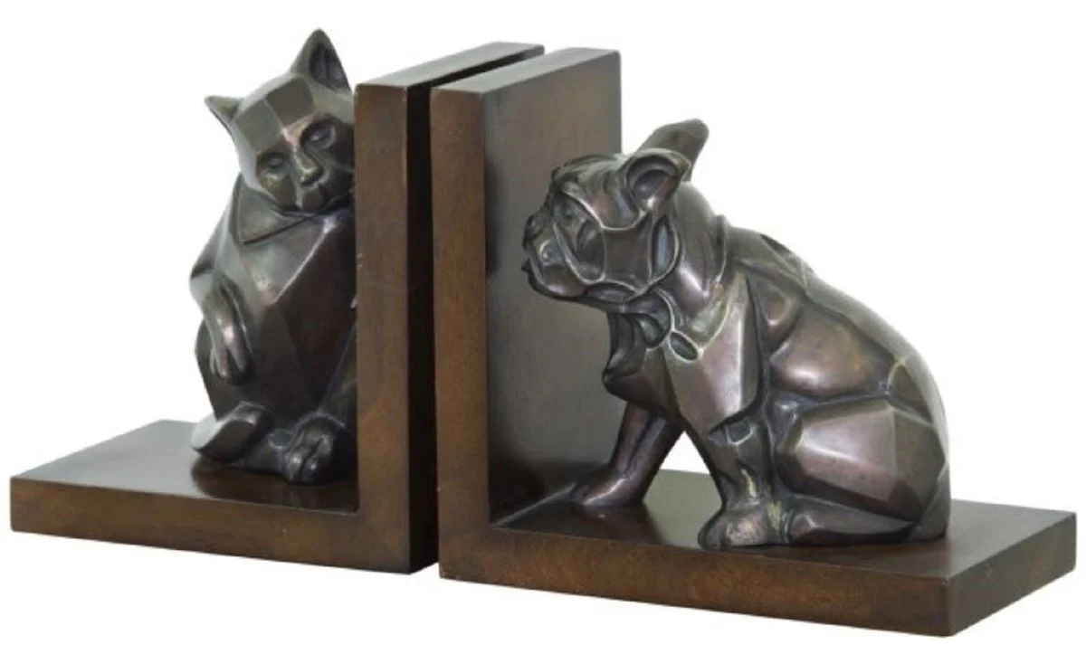 Casa Padrino conjunto de sujetalibro de lujo gato y perro bronce / marrón 18 x 18 x H. 10 cm - Figuras en Bronce Deco con Base de Madera