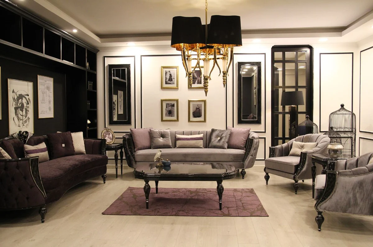 Casa Padrino mesa de centro barroco de lujo gris / negro / plata 140 x 85 x A. 50 cm - Mesa de sal¨®n noble de madera maciza con tapa de vidrio - Muebles de sal¨®n de estilo barroco