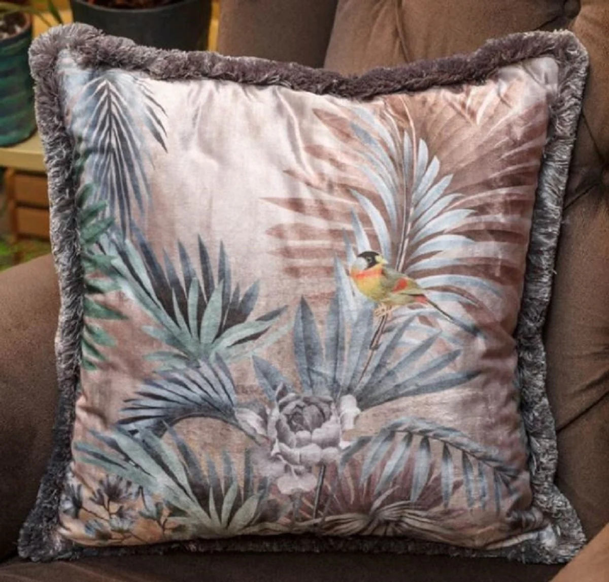 Casa Padrino almohada decorativa de lujo plantas y pájaros multicolor 45 x 45 cm - Almohada de terciopelo estampada con flecos - Colección de lujo