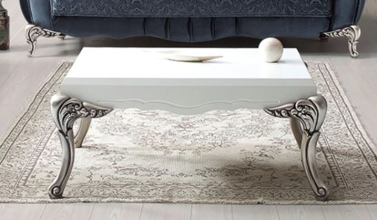 Casa Padrino mesa de centro barroco de lujo blanco / plata 104 x 69 x A. 45 cm - Elegante mesa de sal¨®n de madera maciza - Muebles de sal¨®n en estilo barroco