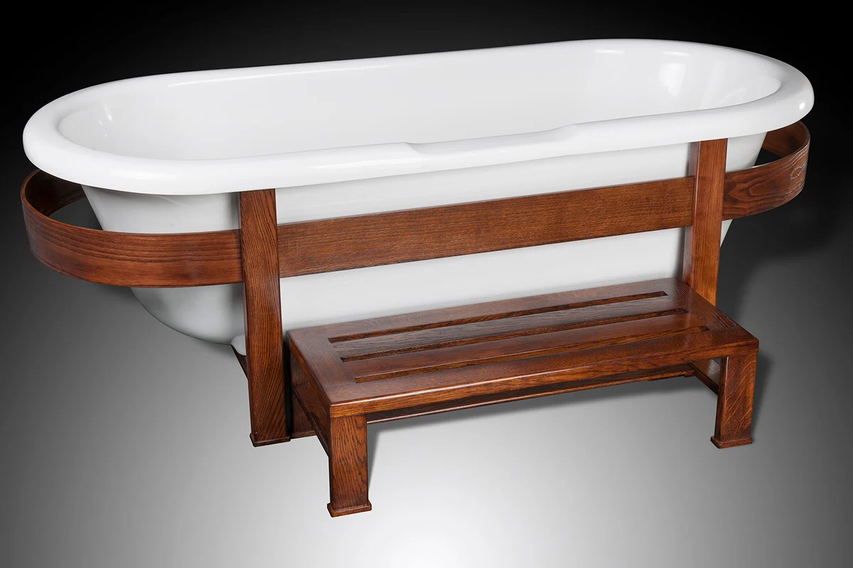 Casa Padrino bañera de lujo retro blanco / marron oscuro 178 x 76 x A. 73 cm - Bañera independiente con estructura de madera y escalón - Muebles de baño retro