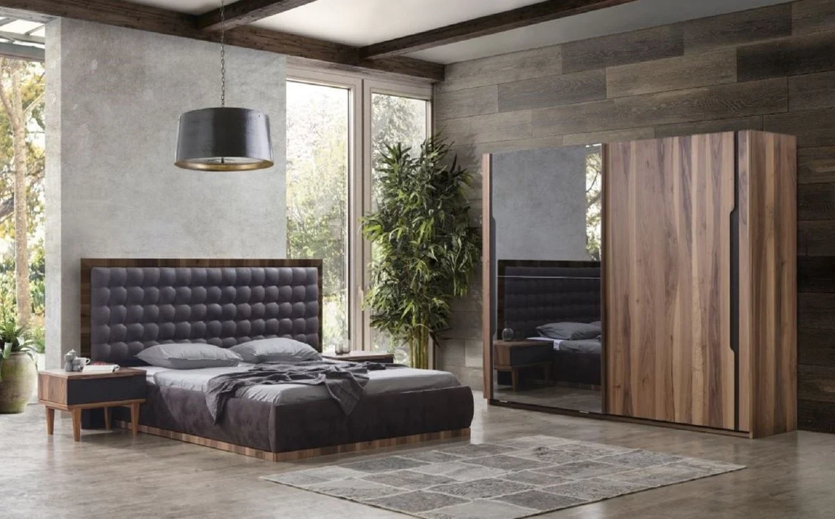 Casa Padrino conjunto de dormitorio de madera maciza de lujo gris / marrón - 1 Cama Doble con Cabecera y 2 Mesitas de Noche - Muebles de dormitorio de lujo